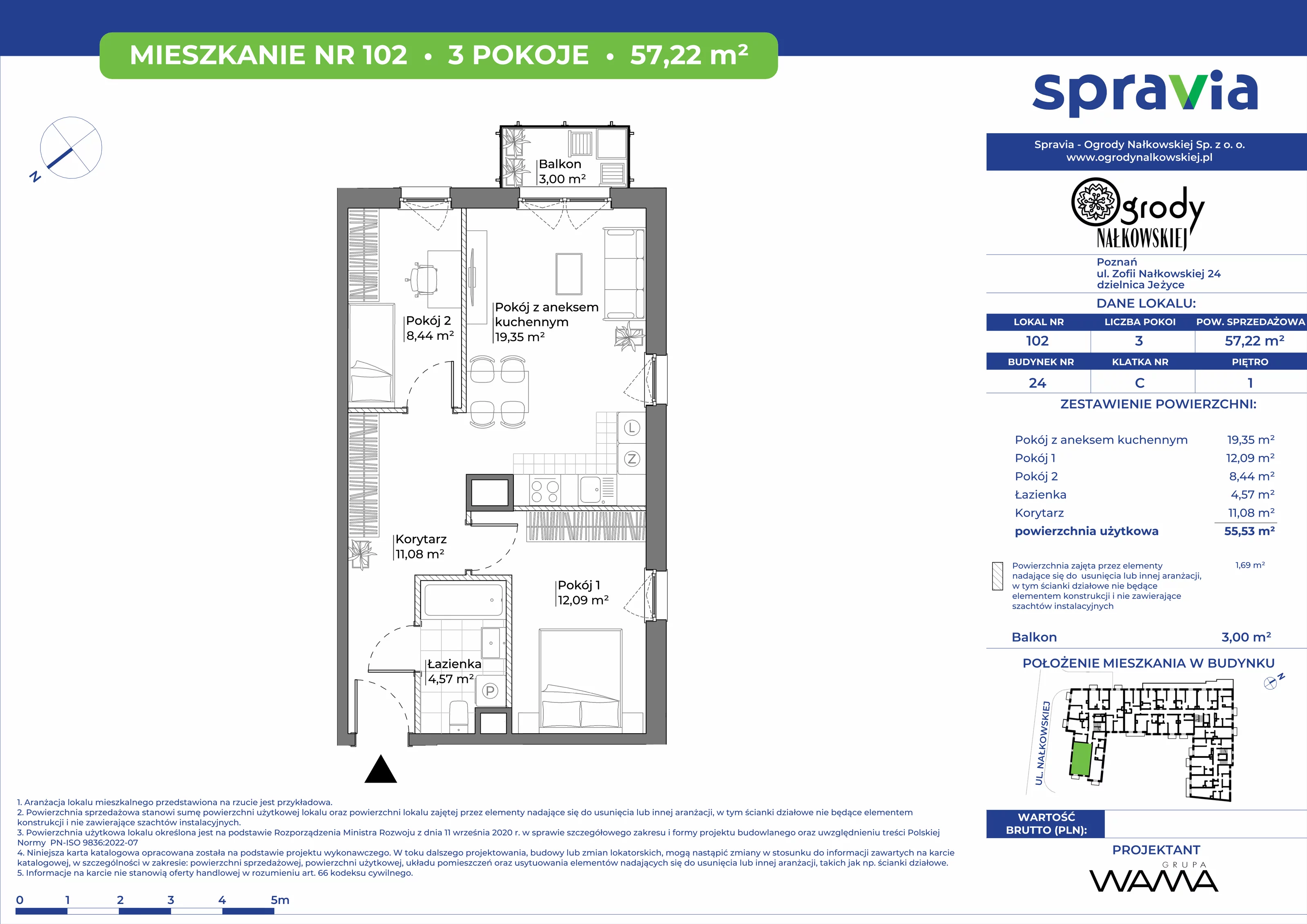 3 pokoje, mieszkanie 57,22 m², piętro 1, oferta nr 24-102, Ogrody Nałkowskiej, Poznań, Ogrody, ul. Nałkowskiej 24, 26